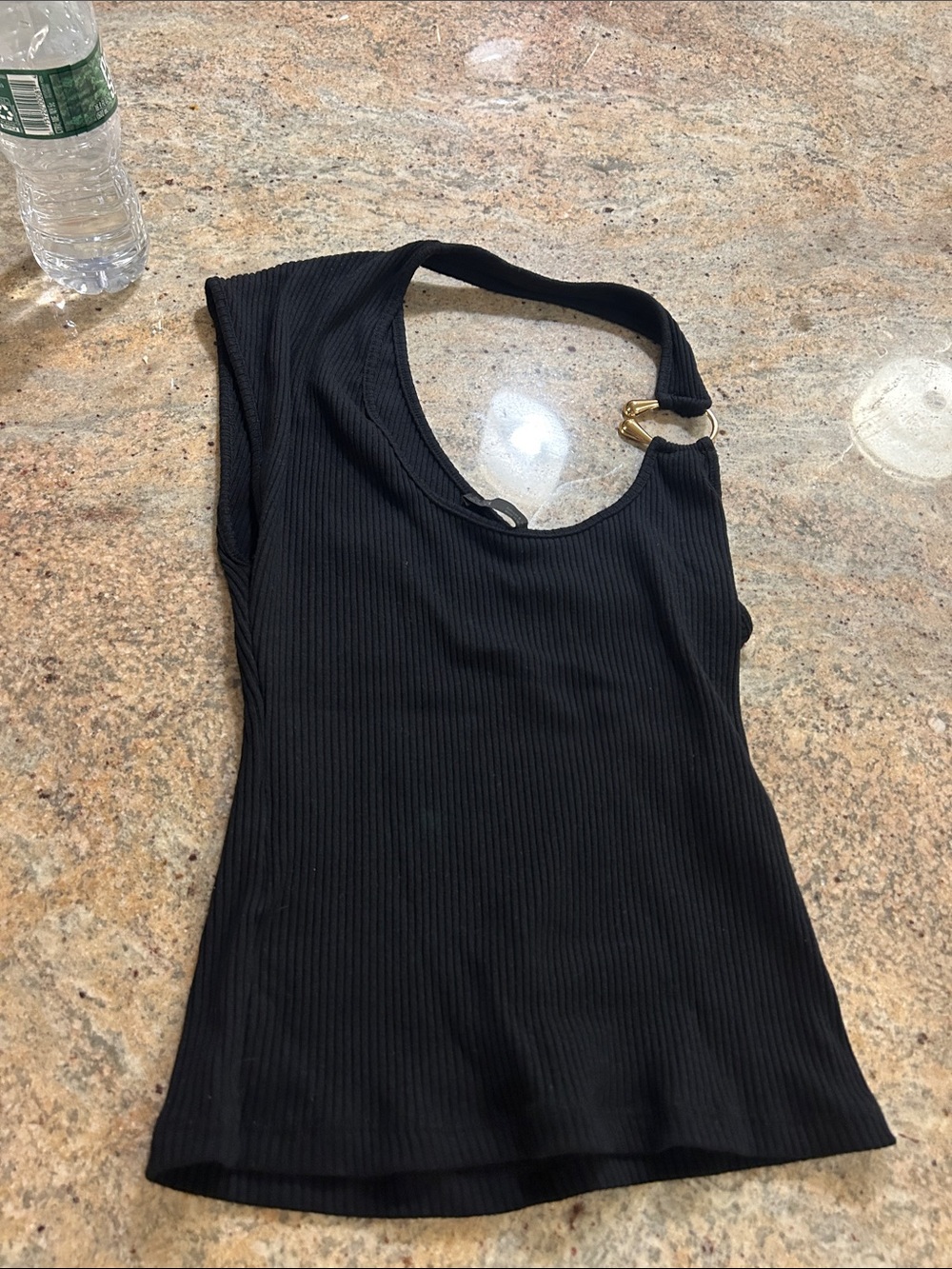 Zara Black Ribbed One-Shoulder Tank with Gold Ring